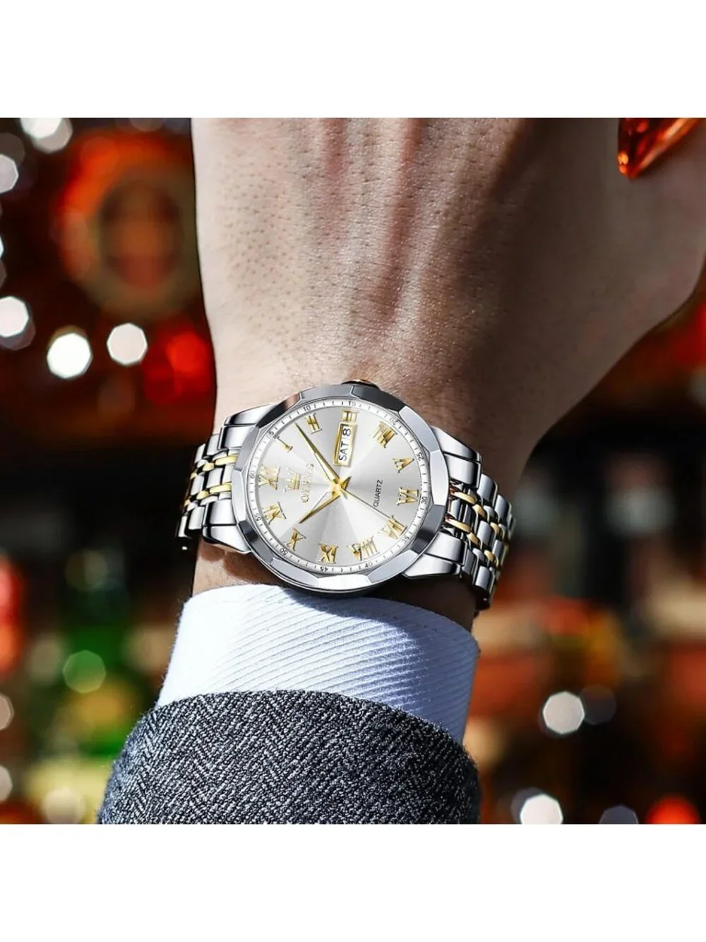 Mens Silver Gold Analog Quartz Numerals Classic Luxury Luminous Waterproof Watch
